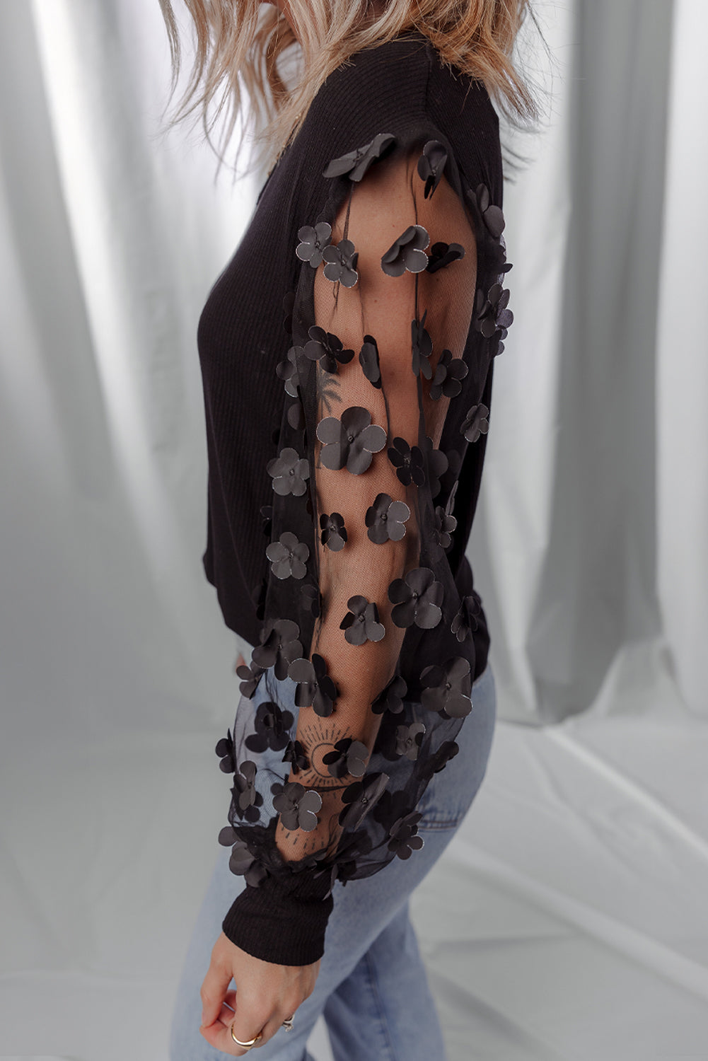 Black Floral Applique Mesh Long Sleeve V Neck Blouse