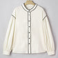 Beige Contrast Color Trim Button Down Long Puff Sleeve Shirt