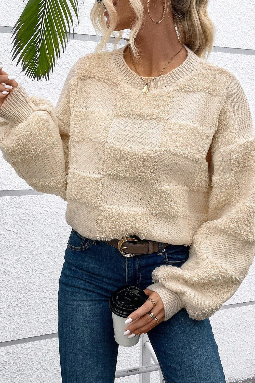 Cozy Checker Sherpa Crew Neck Oversized Sweater