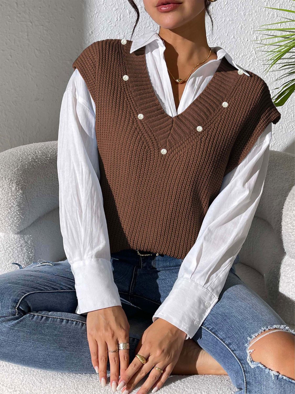 Classic Pearl V-Neck Sweater Vest in 5 Colors Onsize