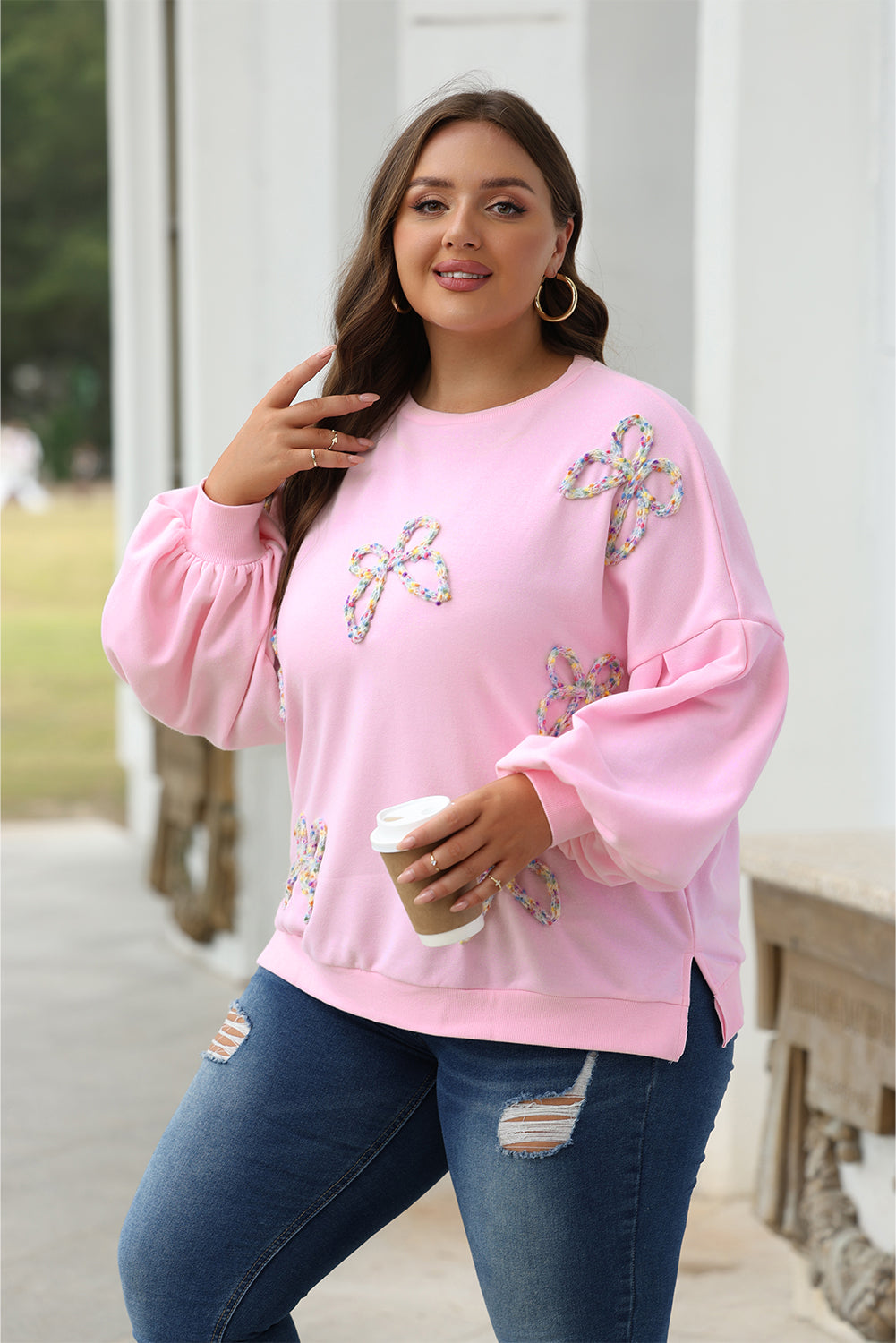 Embroidered Bow Lantern Sleeve Sweatshirt in 2 Colors (S - 3X)