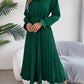 Pleated Half Button Long Sleeve Midi Dress