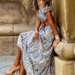 Classy Vintage Blue Paisley Off-Shoulder Summer Maxi Dress