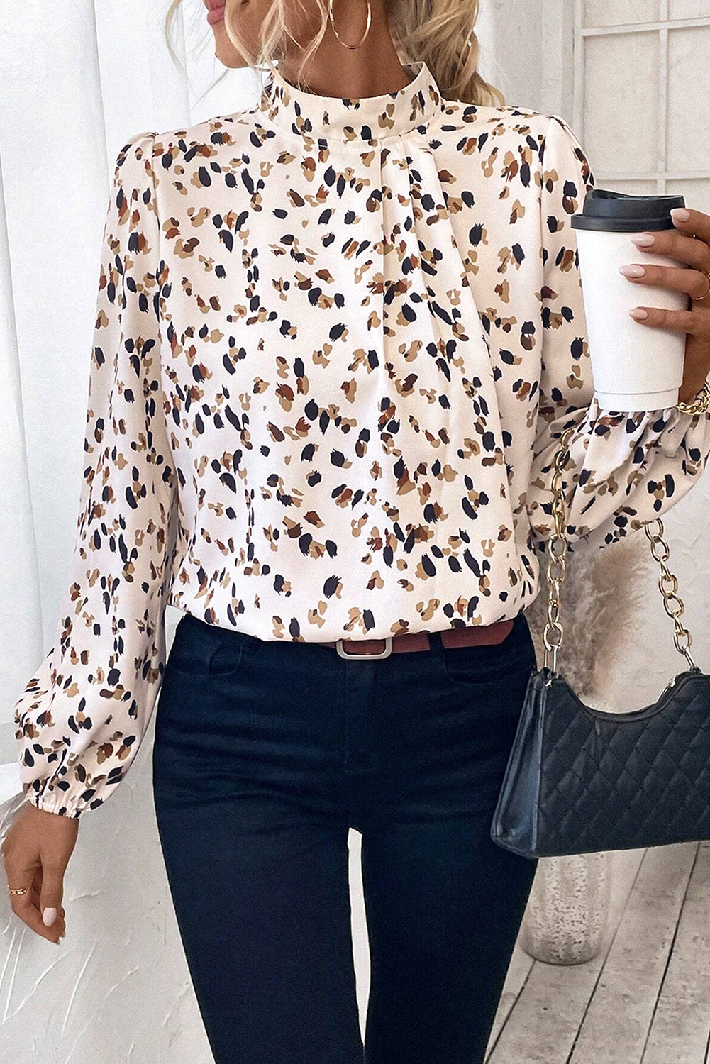 Leopard Lantern-Sleeve Pleated Blouse