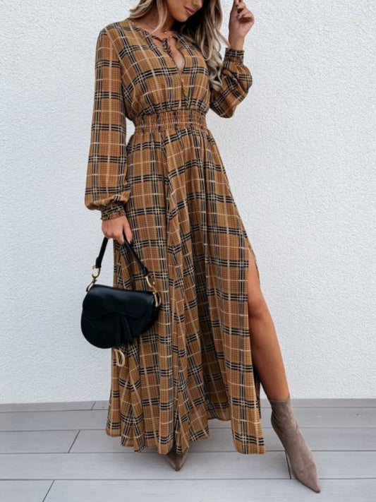 Slit Country Plaid Tie Neck Long Sleeve Maxi Dress