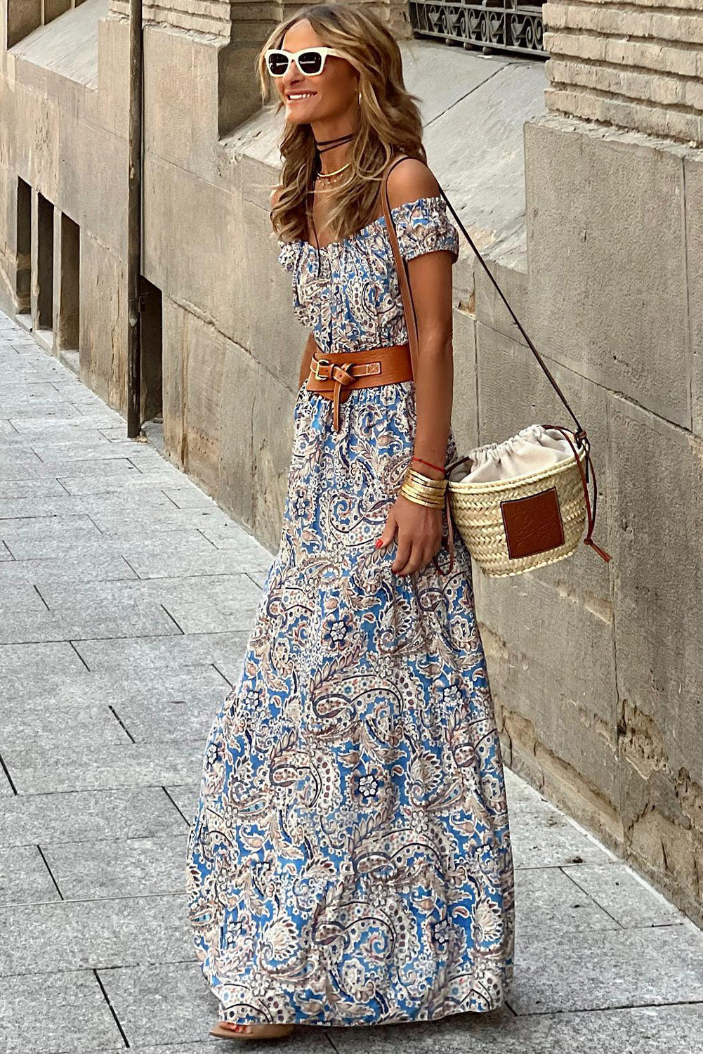 Classy Vintage Blue Paisley Off-Shoulder Summer Maxi Dress