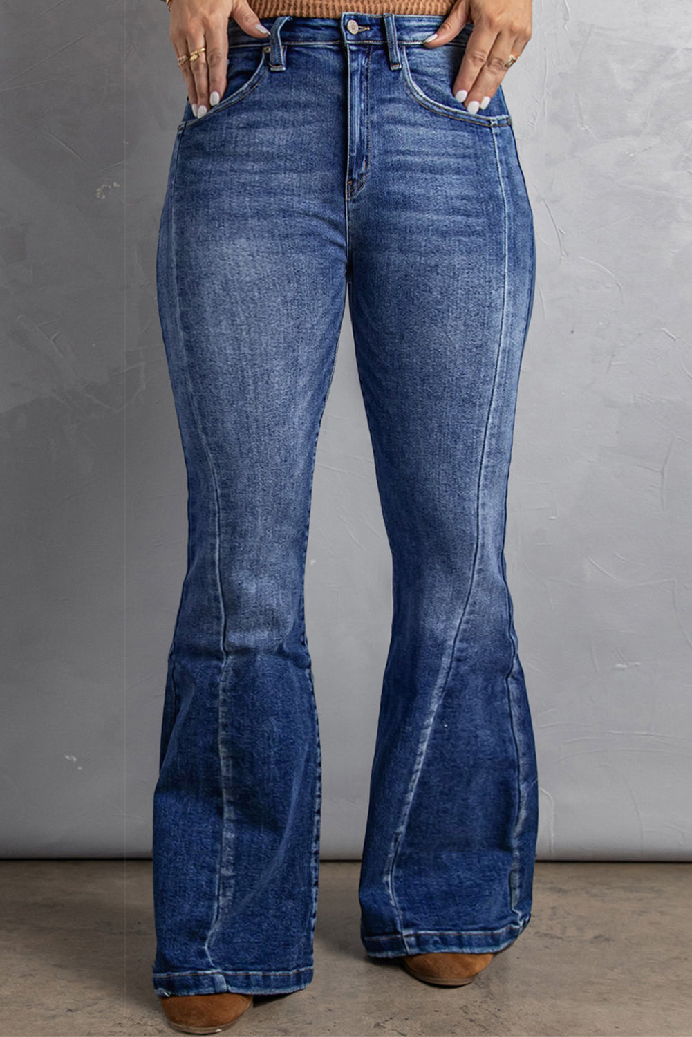 Dark Denim Blue Tailored Washed Flare Jeans (S - 2X)