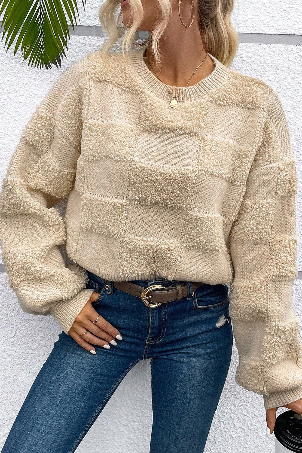 Cozy Checker Sherpa Crew Neck Oversized Sweater