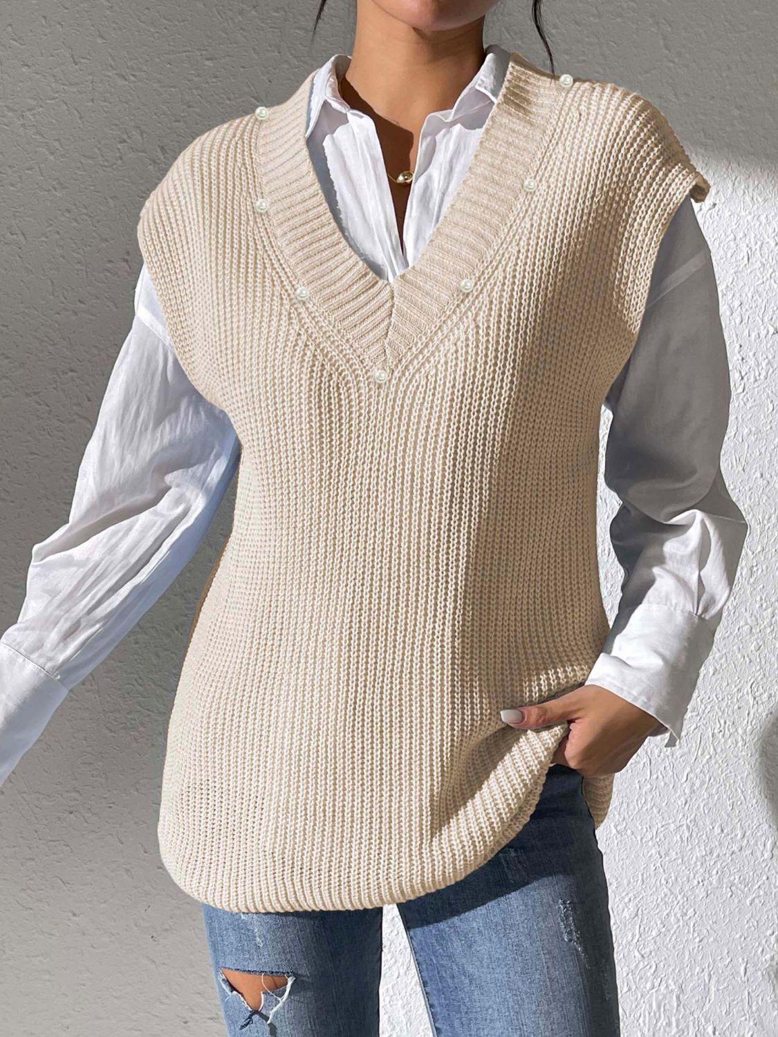 Classic Pearl V-Neck Sweater Vest in 5 Colors Onsize