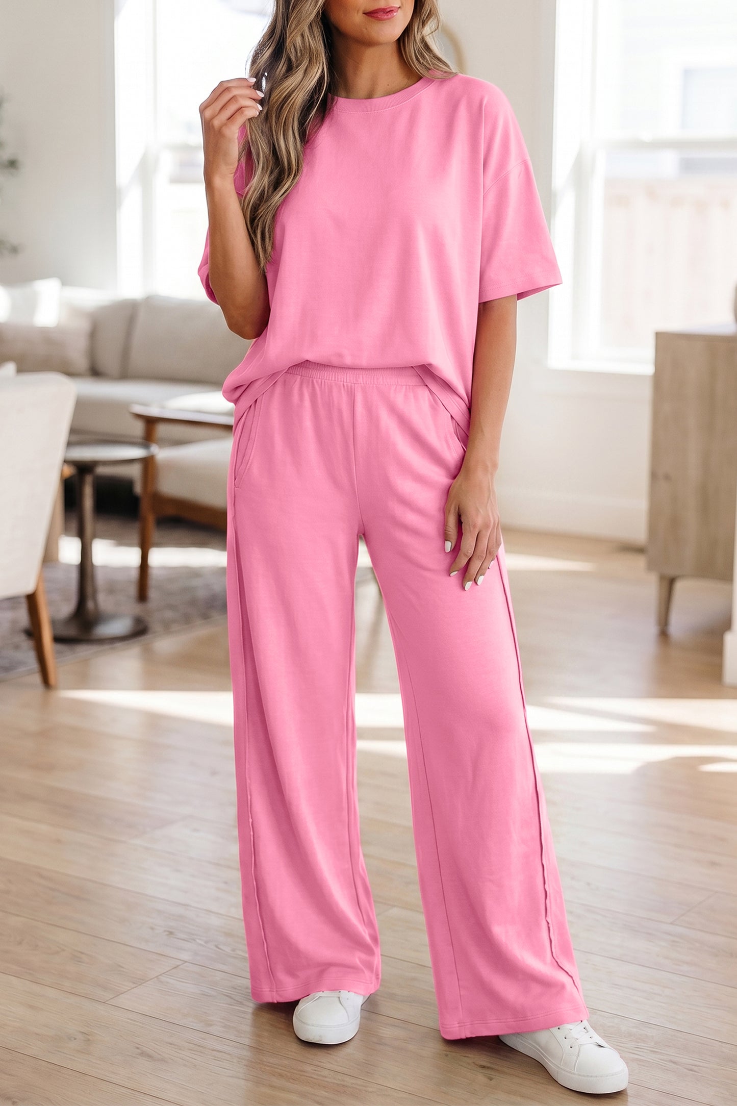 LaurenNichole Daydream Solid Oversized Tee &  Wide-Leg Pants Outfit — Pocketed Casual 2-Piece (3 Colors)