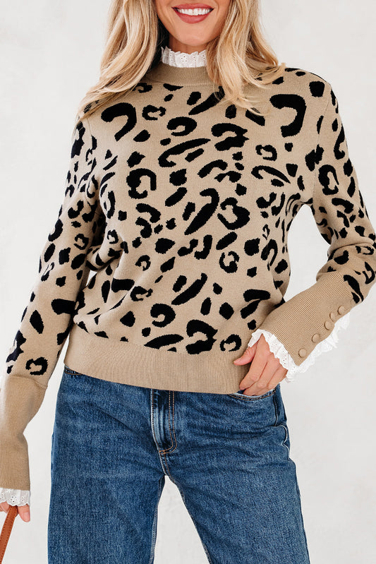 Brown Leopard Pattern Lace Ribbed Detail Button Cuffed Sweater