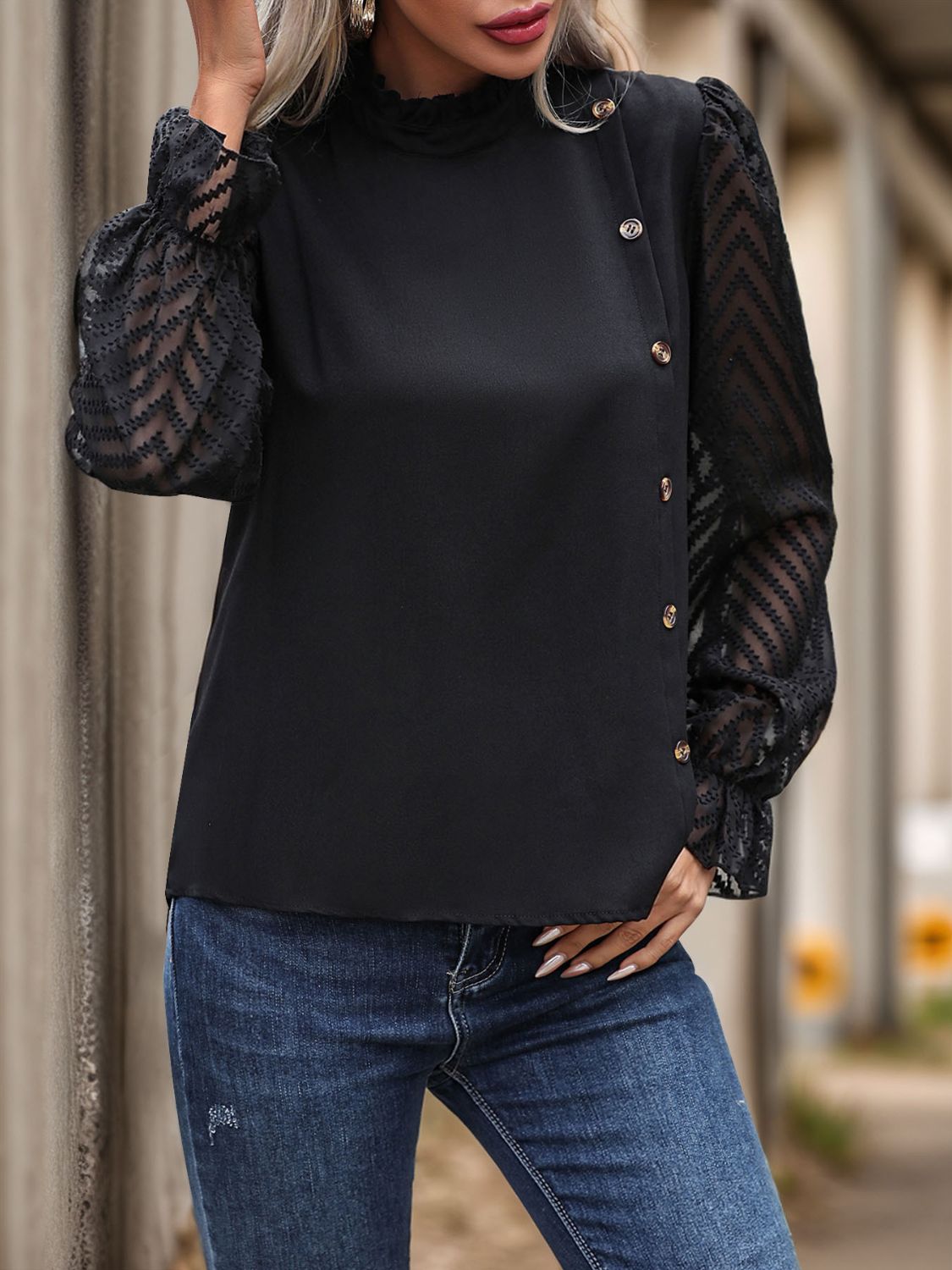 Elegant Mock Neck Flounce Sleeve Blouse