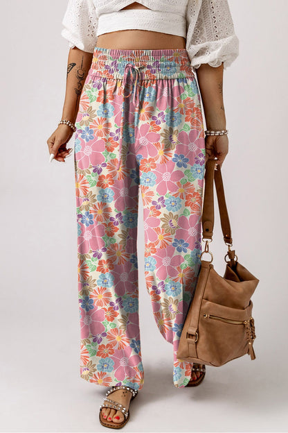 Chic Floral Drawstring Wide Leg Pants