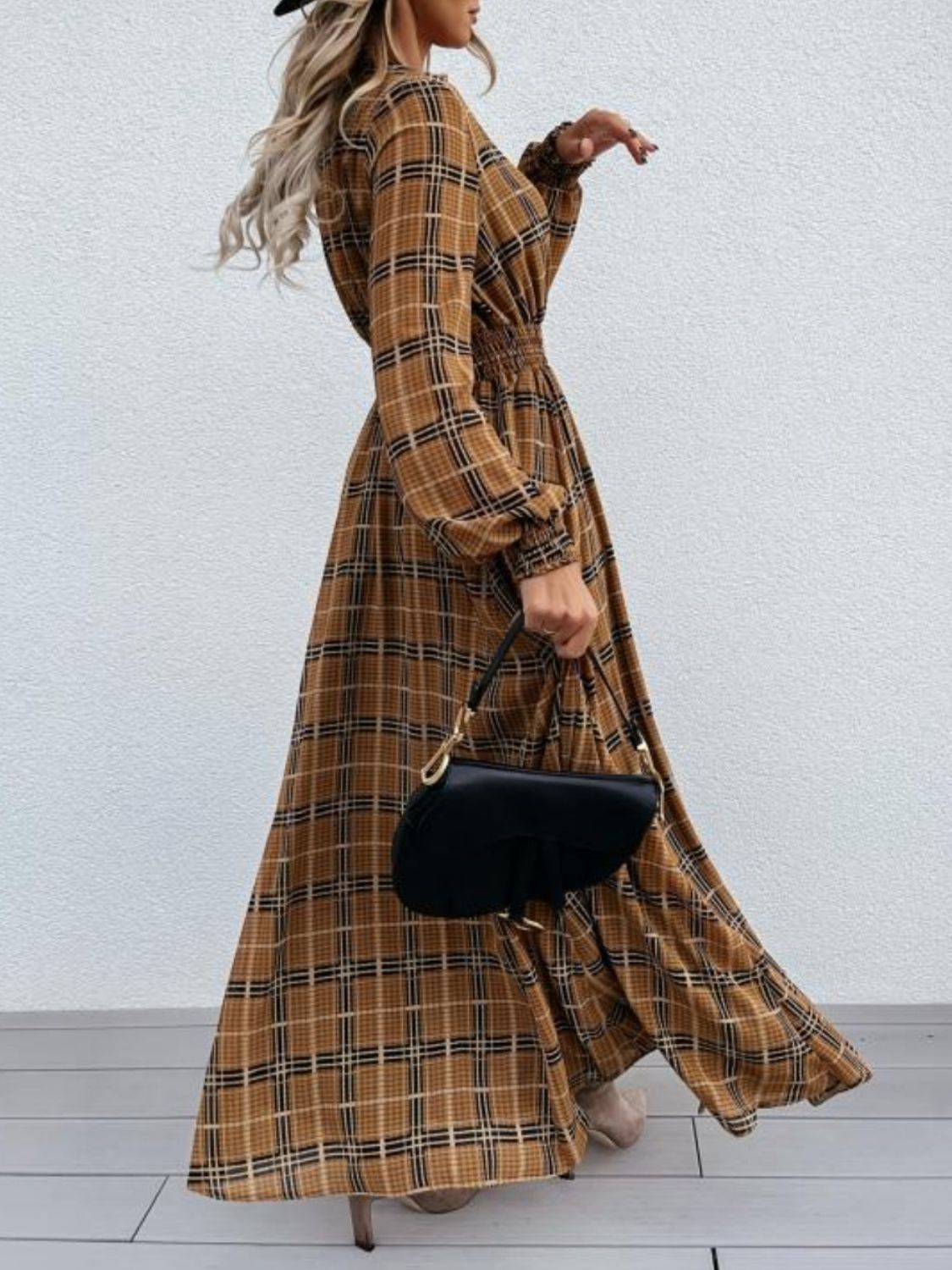 Slit Country Plaid Tie Neck Long Sleeve Maxi Dress