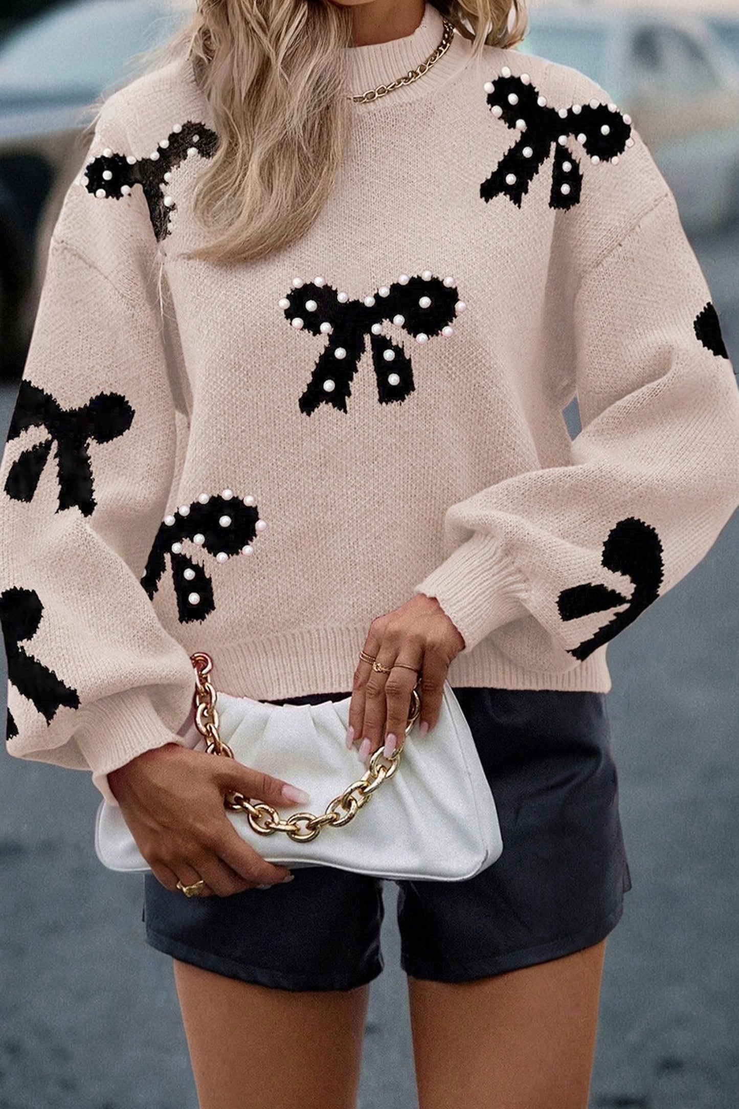 Classic Pearl Embellished Bow Knit Sweater