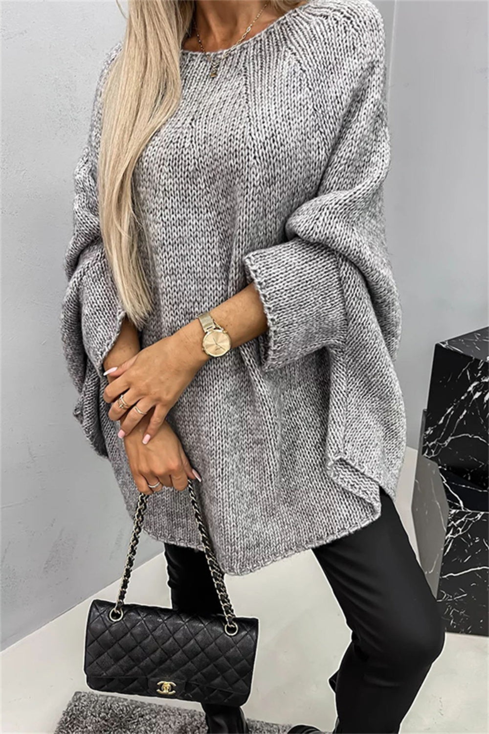 Elegant Round Neck Poncho Long Sleeve Sweater