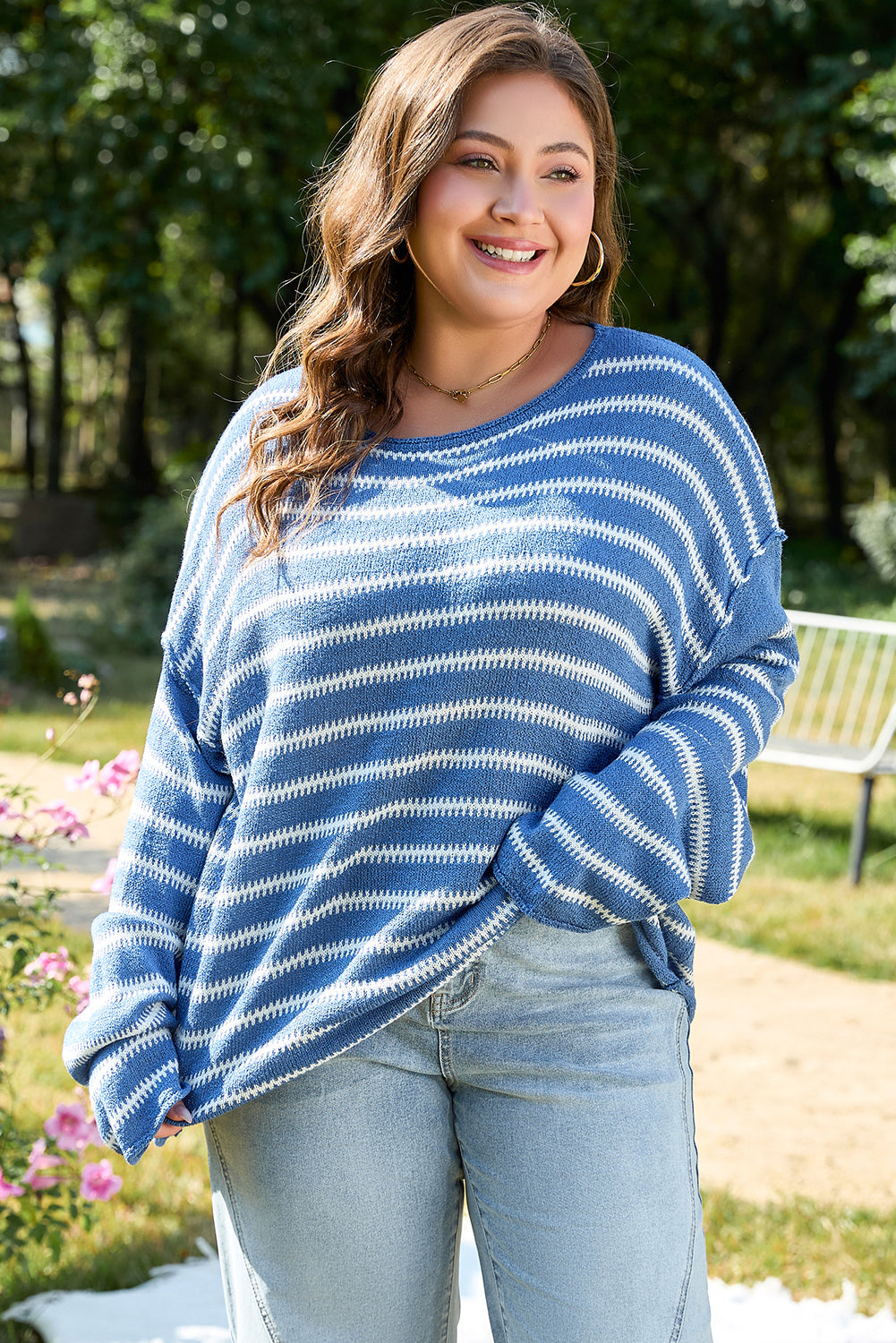 Comfy Blue Stripe Oversized Sweater (1X - 4X)