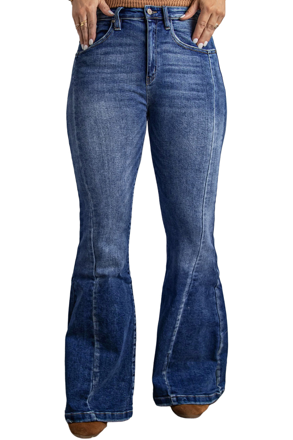 Dark Denim Blue Tailored Washed Flare Jeans (S - 2X)