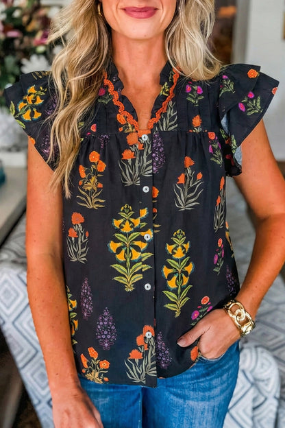 LaurenNichole Floral Lace Trim Ruffle V-Neck Blouse – Feminine Short Sleeve Top S - XL