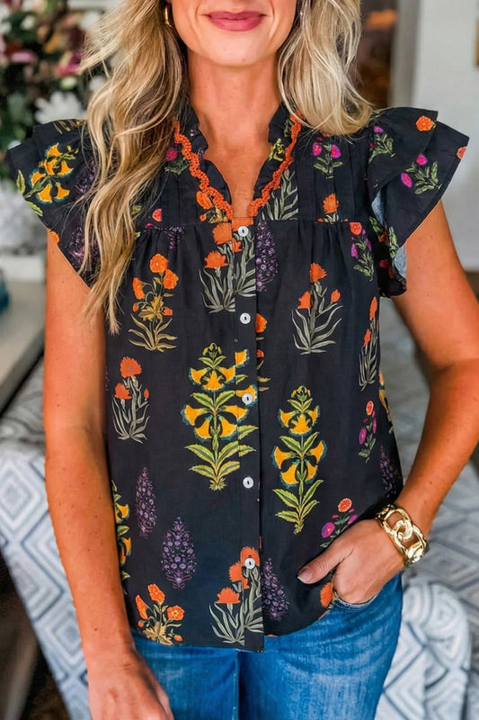 LaurenNichole Floral Lace Trim Ruffle V-Neck Blouse – Feminine Short Sleeve Top S - XL