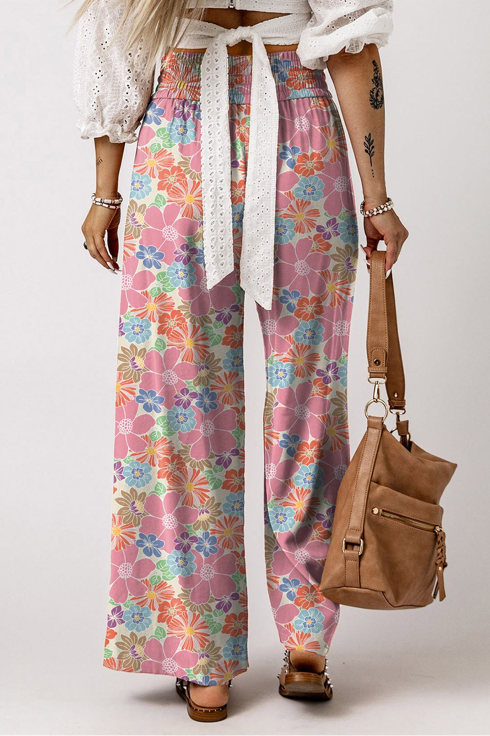 Chic Floral Drawstring Wide Leg Pants