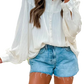 White Crinkled Texture Lantern Sleeve Button Down Loose Shirt