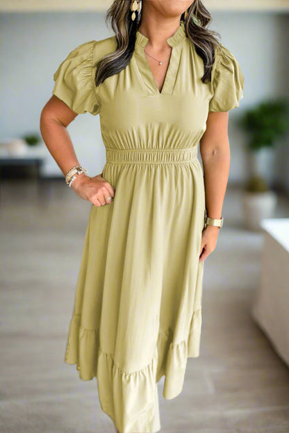 Luxurious Notched V Neck Puff Sleeve Tiered Maxi Dress (1X - 4X)