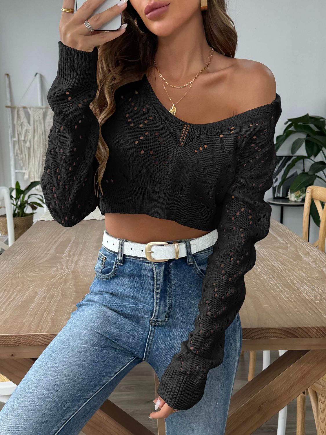 Chic Cropped Openwork Collared Sweater 2 Colors