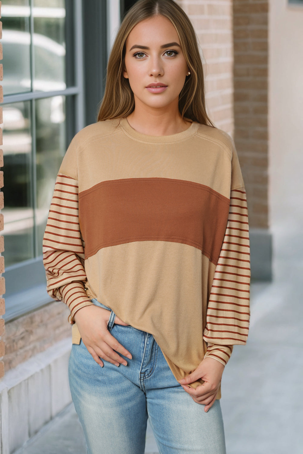 Casual Colorblock Striped Bishop Sleeve Shirt