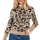 Brown Leopard Pattern Lace Ribbed Detail Button Cuffed Sweater