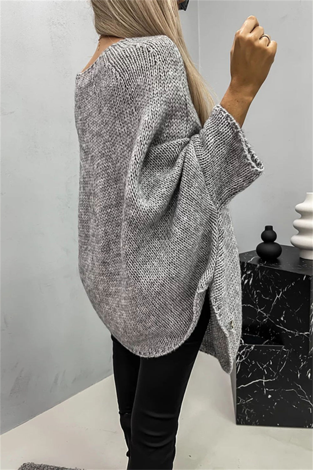 Elegant Round Neck Poncho Long Sleeve Sweater