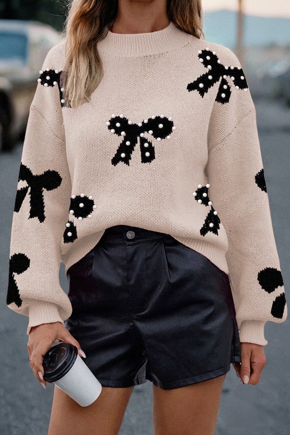 Classic Pearl Embellished Bow Knit Sweater