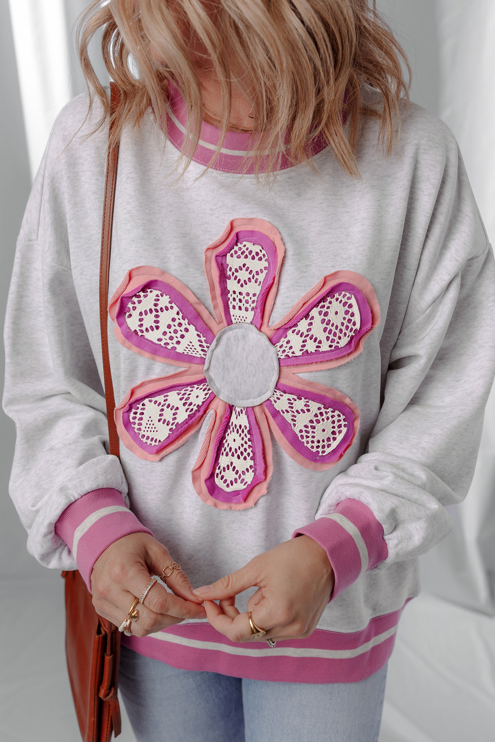 The Daydream Cozy Chic Embroidered Flower Gray Women's Sweatshirt at LaurenNichole