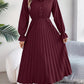 Pleated Half Button Long Sleeve Midi Dress