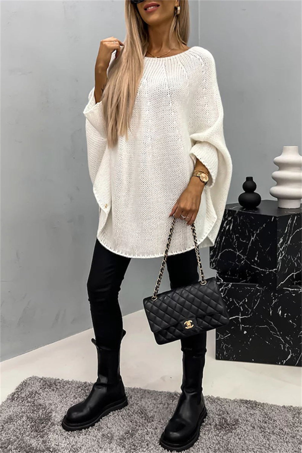 Elegant Round Neck Poncho Long Sleeve Sweater