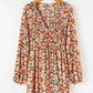 Beige Floral V Neck Smocked Bishop Sleeve Babydoll Dress