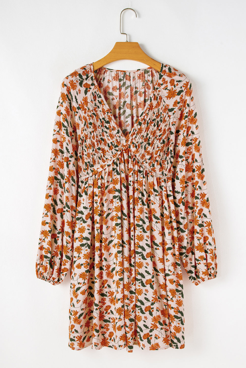 Beige Floral V Neck Smocked Bishop Sleeve Babydoll Dress
