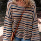 Cozy Brown Colorful Stripped Knit Crew Neck Sweater