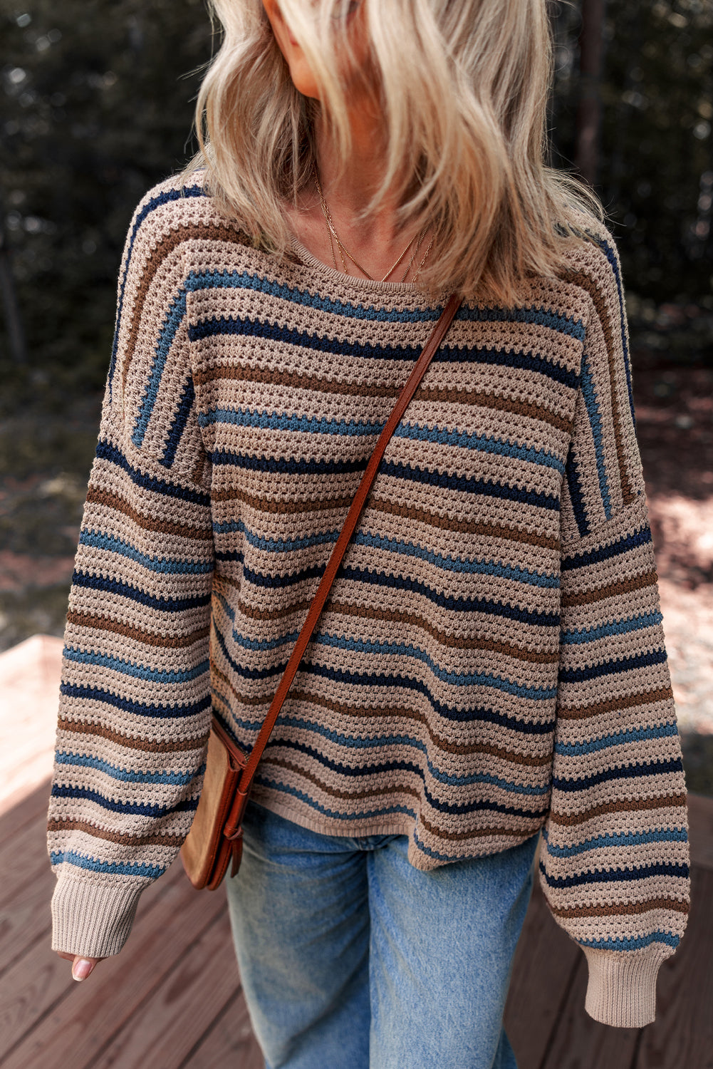 Cozy Brown Colorful Stripped Knit Crew Neck Sweater