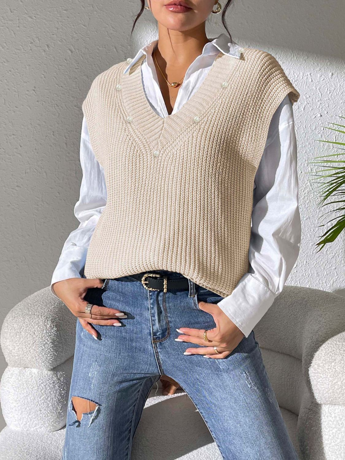 Classic Pearl V-Neck Sweater Vest in 5 Colors Onsize