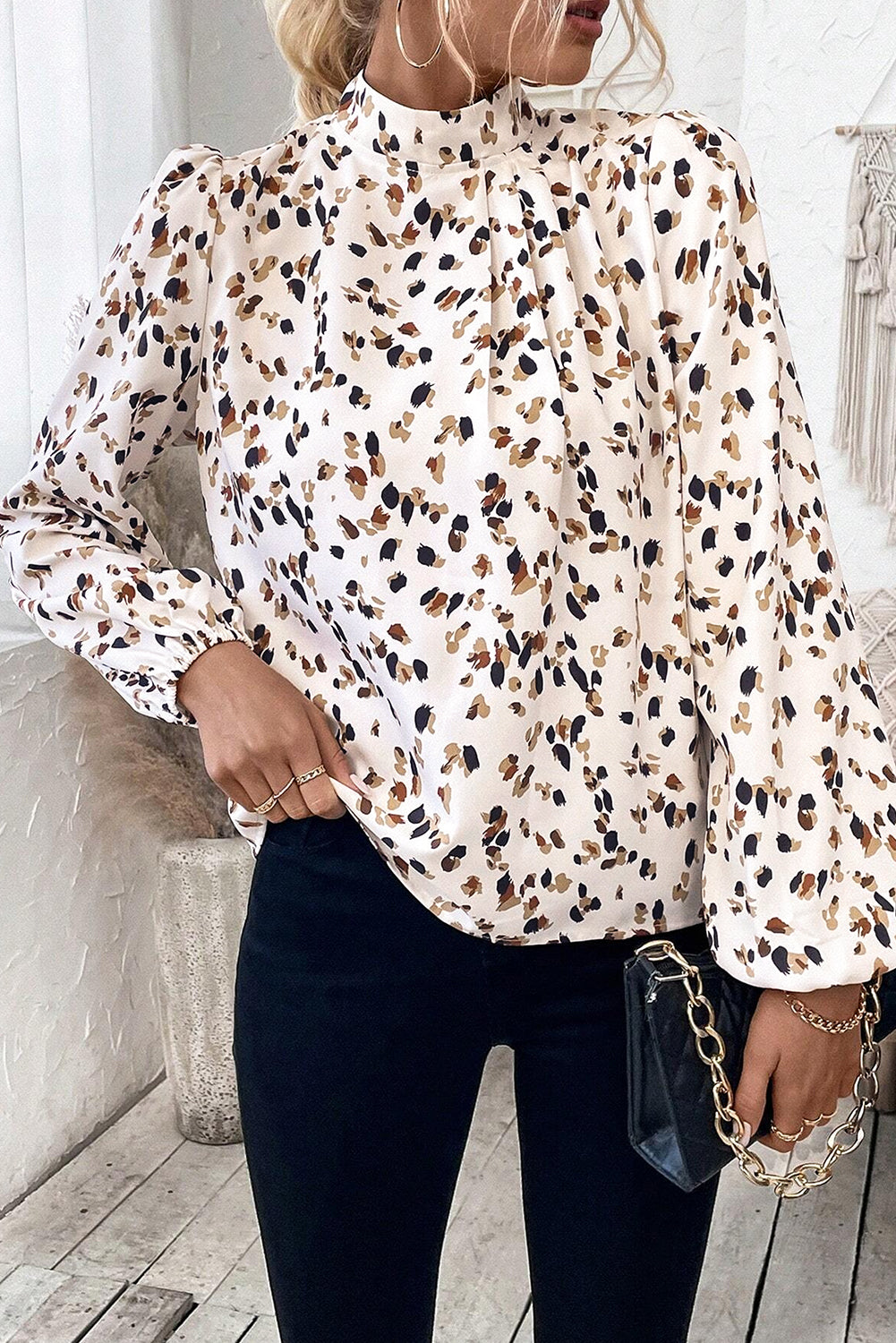 Leopard Lantern-Sleeve Pleated Blouse