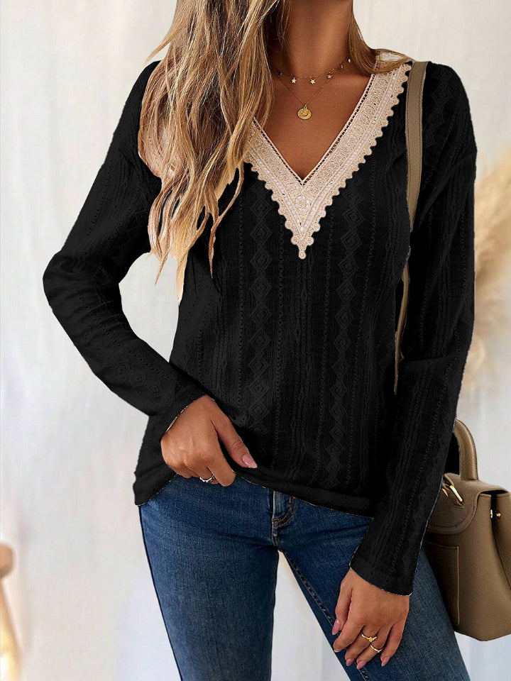 Eyelet Lace V-Neck Dropped Shoulder T-Shirt