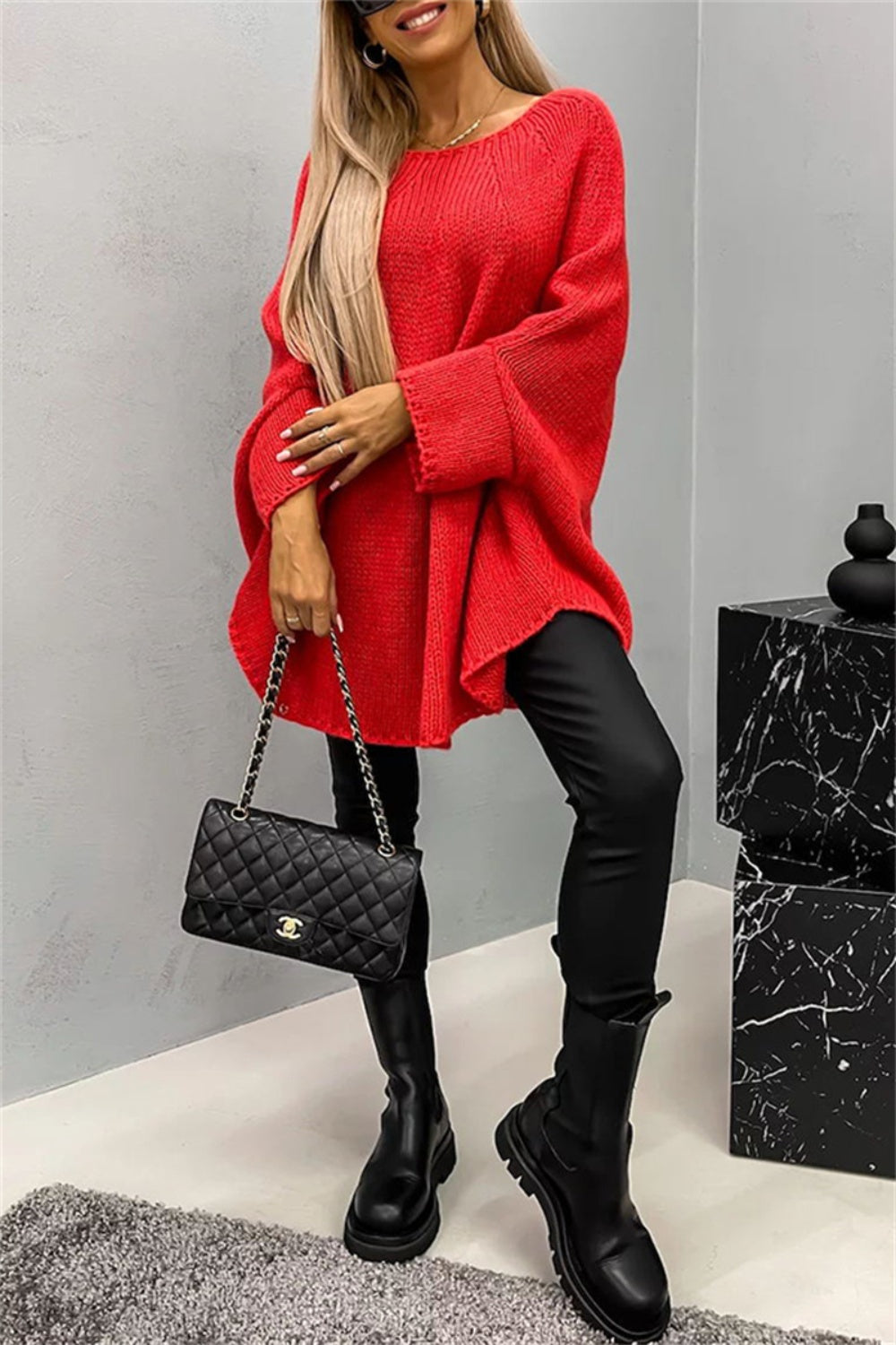 Elegant Round Neck Poncho Long Sleeve Sweater