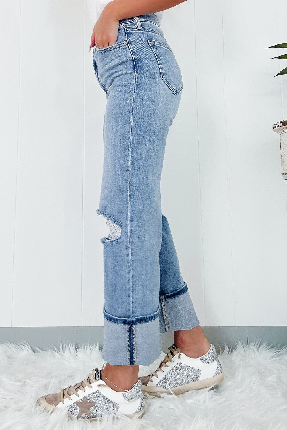 Layered Button Fly Wide Leg Stove Pipe Cuff Ankle Jeans