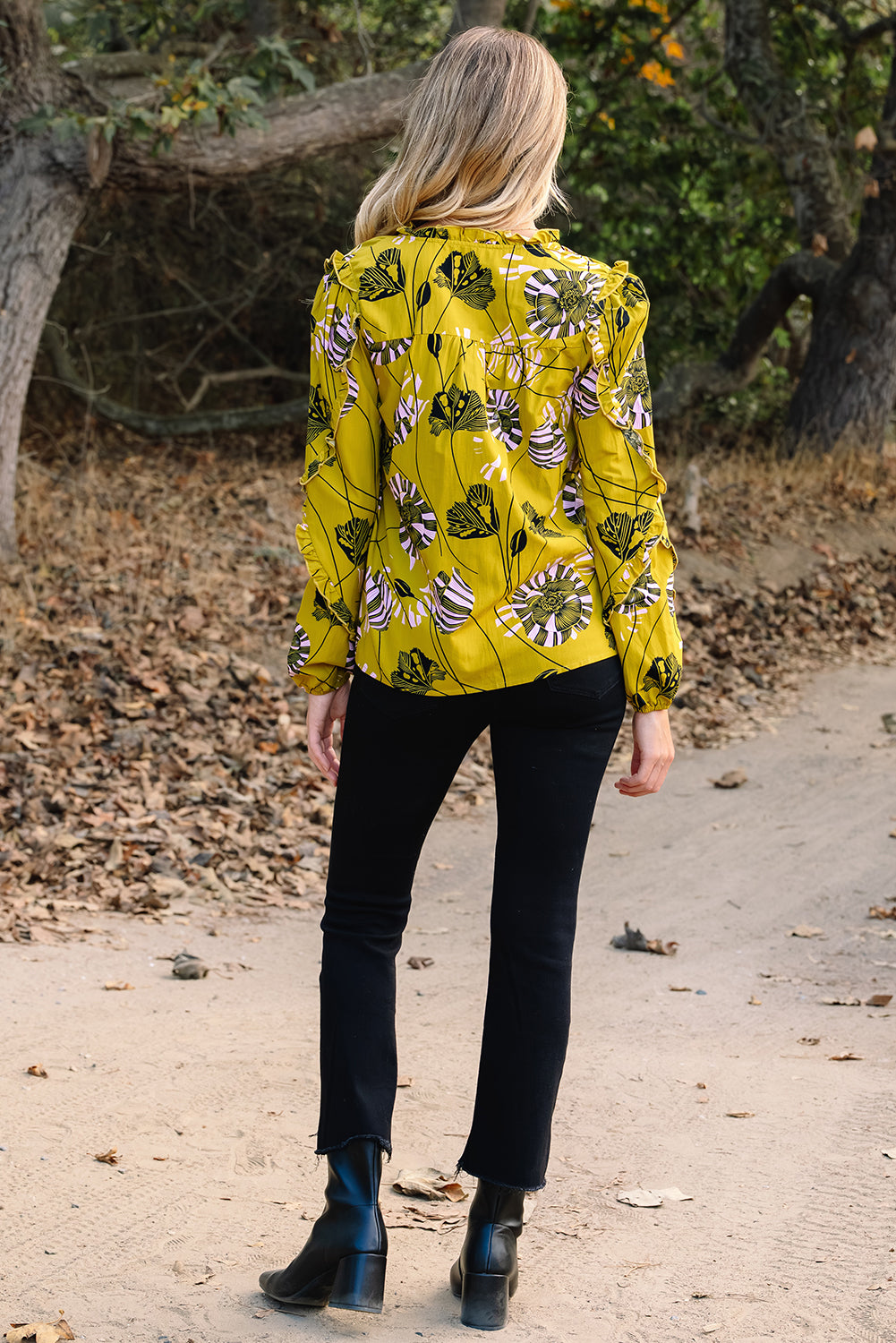 Vintage Floral V Neck Ruffle Trim Long Sleeve Blouse