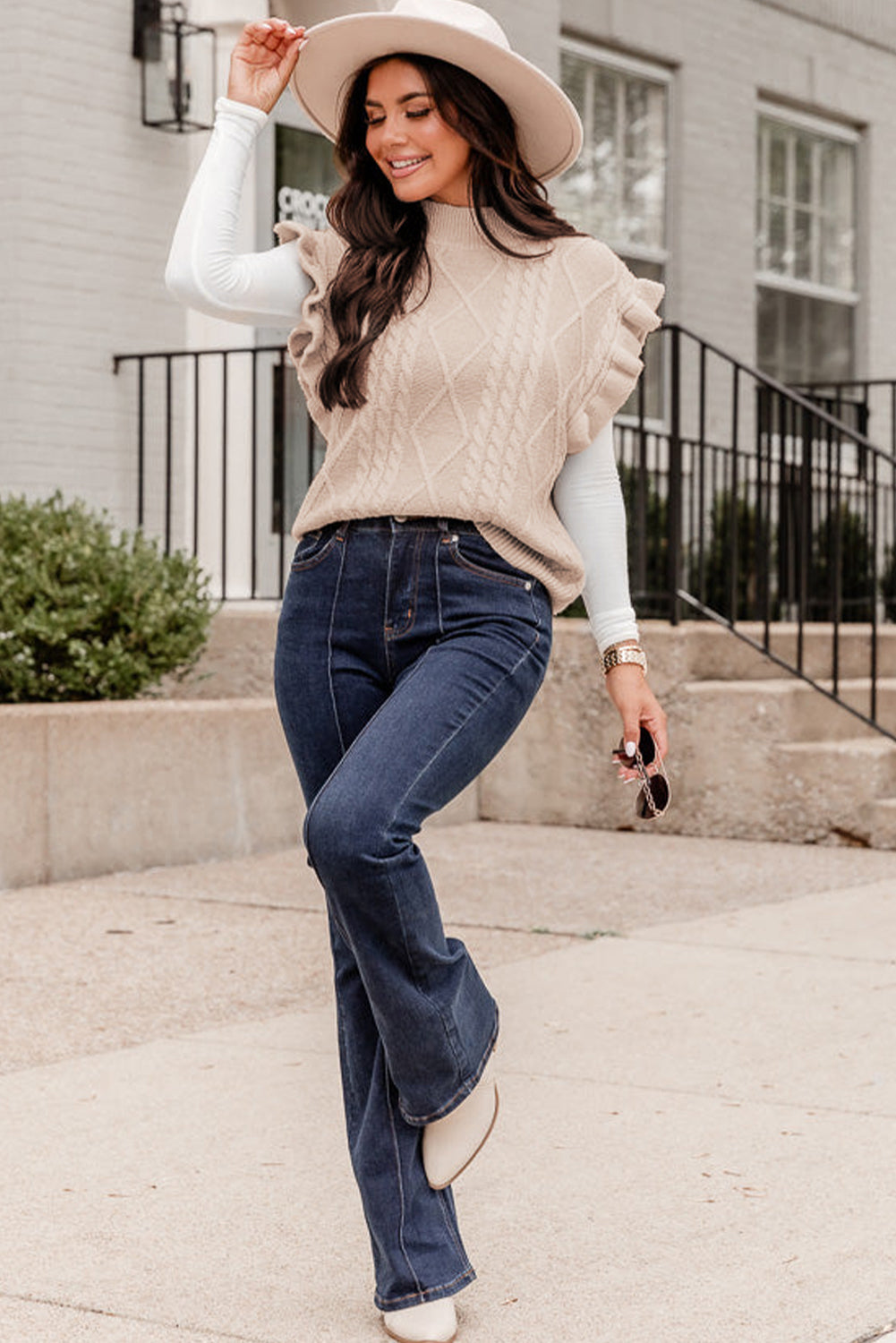 Classic Cable Knit Ruffle Sleeve Sweater Vest