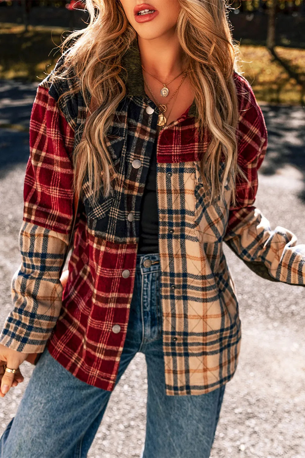 Stylish Plaid Colorblock Button-Up Shacket