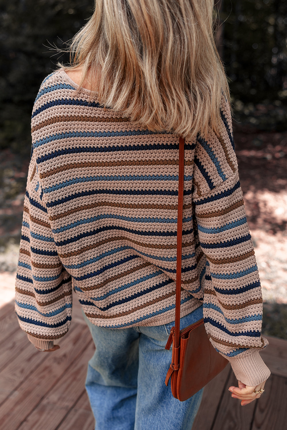 Cozy Brown Colorful Stripped Knit Crew Neck Sweater