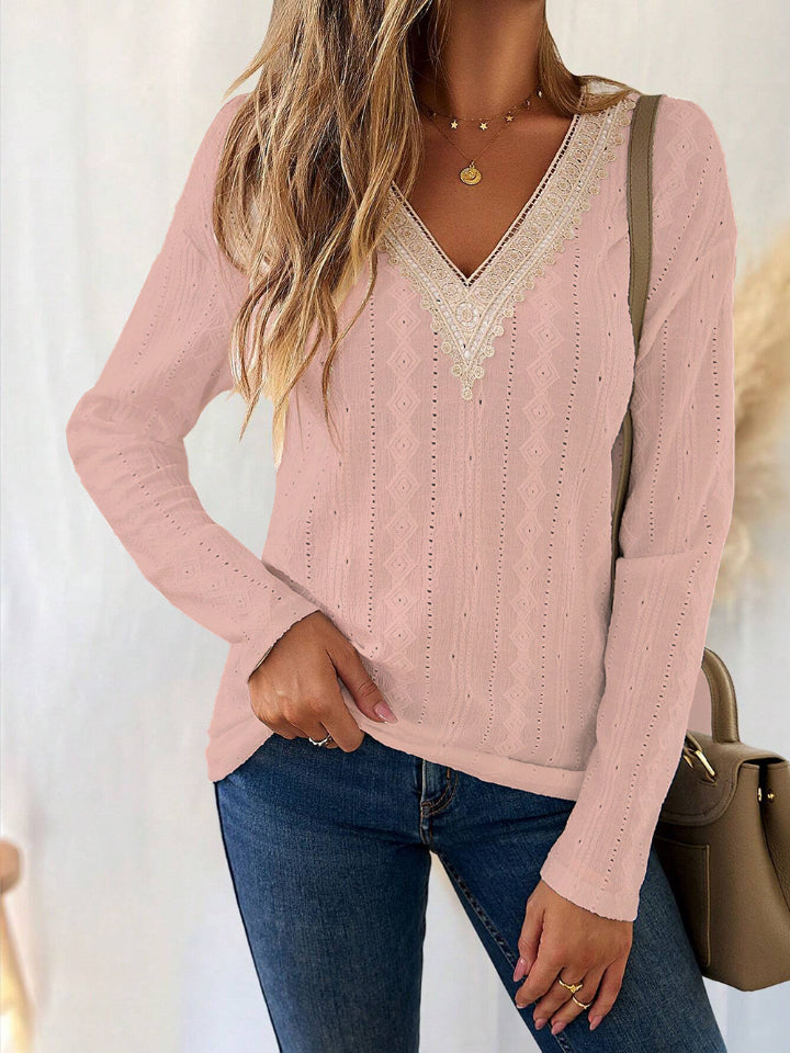 Eyelet Lace V-Neck Dropped Shoulder T-Shirt