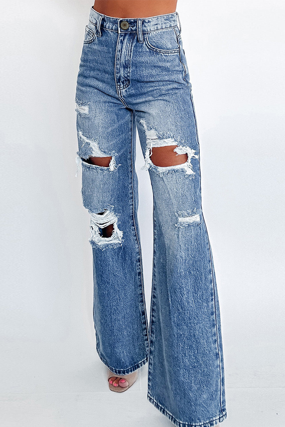 Comfy Classic Washed Distressed Wide-Leg Jeans